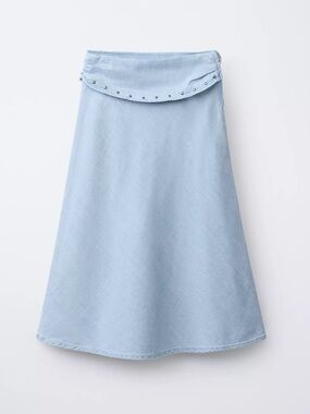 Zara Pale Blue A-Line Midi Skirt with Studded Waist